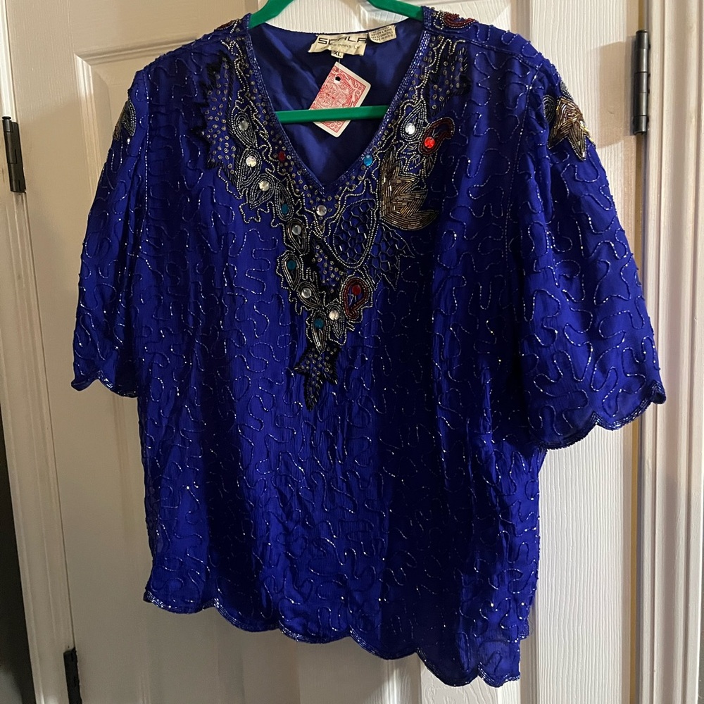 Vintage Beaded Blue Silk Top